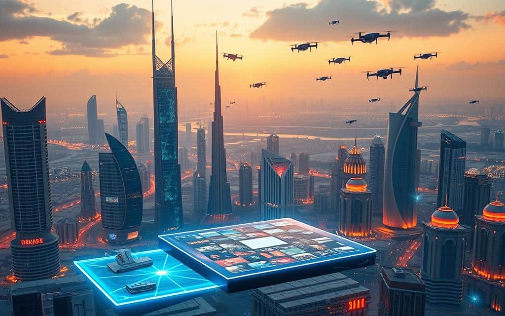 A futuristic cityscape of Abu Dhabi's skyline, bathed in a warm, neon-tinged glow. In the foreground, a gleaming, holographic IPTV interface hovers, showcasing a diverse array of entertainment content. Sleek, hovering media devices surround it, seamlessly integrating with the urban landscape. In the middle ground, towering skyscrapers and futuristic architectural structures reach towards the sky, their facades adorned with digital displays and interactive elements. The background is a panoramic view of the city, with flying vehicles and drones weaving through the air, creating a dynamic, technologically advanced atmosphere. The scene conveys a sense of innovation, connectivity, and the future of entertainment in Abu Dhabi.
