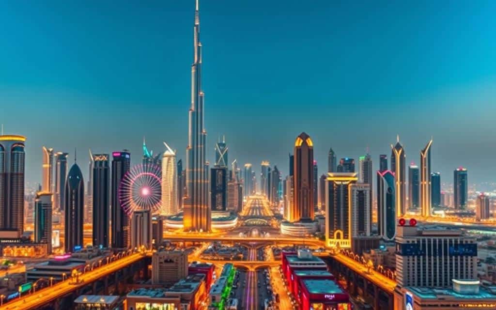 A high-resolution, photorealistic image of the vibrant IPTV service providers landscape in Dubai. Capture the bustling cityscape in the background, with towering skyscrapers and iconic landmarks like the Burj Khalifa. In the foreground, display a variety of IPTV service provider logos and branding, neatly arranged to showcase the diverse options available to consumers. Utilize a warm, golden lighting scheme to evoke a sense of energy and modernity. Shoot the scene from a slightly elevated angle to provide a comprehensive, panoramic view of the IPTV service ecosystem in Dubai.