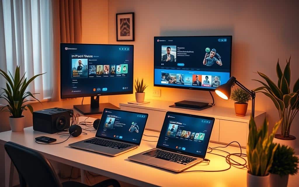 A modern home office setup with a desktop computer, laptop, and smart TV displaying an IPTV service interface. Soft warm lighting illuminates the scene, creating a productive and inviting atmosphere. The desk is neatly organized with cables carefully managed, reflecting a streamlined IPTV installation process. Subtle environmental details like potted plants and framed artwork add a touch of personal style. The overall composition highlights the ease and convenience of setting up an IPTV service in a residential setting.