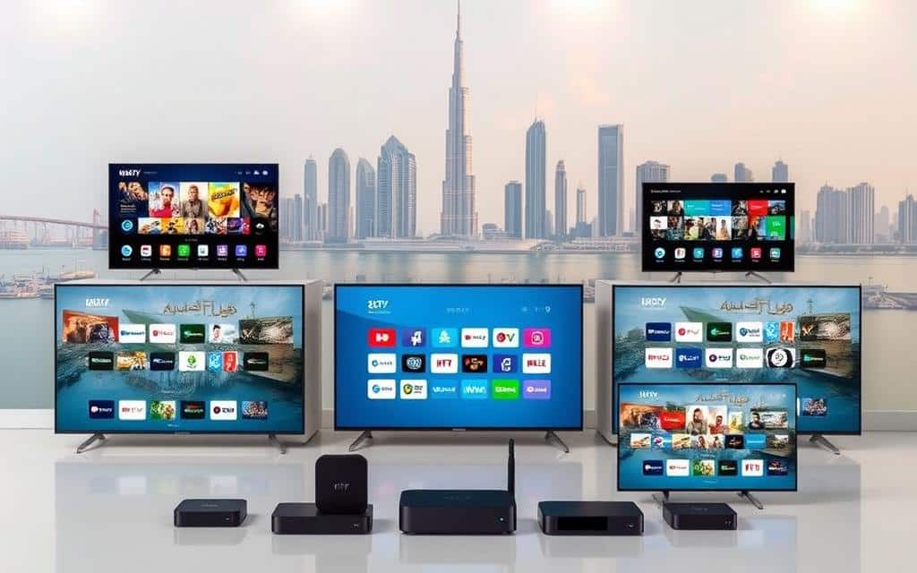 A neatly arranged display of various IPTV packages available in Abu Dhabi, presented against a backdrop of the city's iconic skyline. The packages are showcased on sleek, modern devices such as smart TVs and streaming boxes, highlighting their sophisticated technology. Soft, ambient lighting illuminates the scene, creating a professional and informative atmosphere. The composition emphasizes the wide range of IPTV options, conveying the comprehensive nature of the content. The image aims to visually guide the viewer through the diverse IPTV subscription choices in Abu Dhabi.