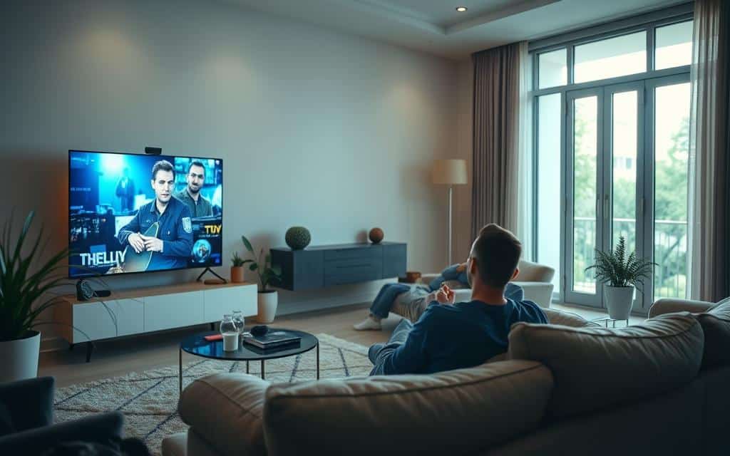 A serene, well-lit interior showcasing the benefits of an IPTV subscription. In the foreground, a modern television displays a vibrant, high-quality image. Surrounding the TV, elegant home decor elements like plants and minimalist furniture create a cozy, inviting ambiance. In the middle ground, a person is lounging comfortably on a plush sofa, immersed in the content playing on the screen. The background features large windows that let in natural light, casting a warm glow throughout the space. The scene conveys the seamless viewing experience, convenience, and comfort provided by a reliable IPTV service.