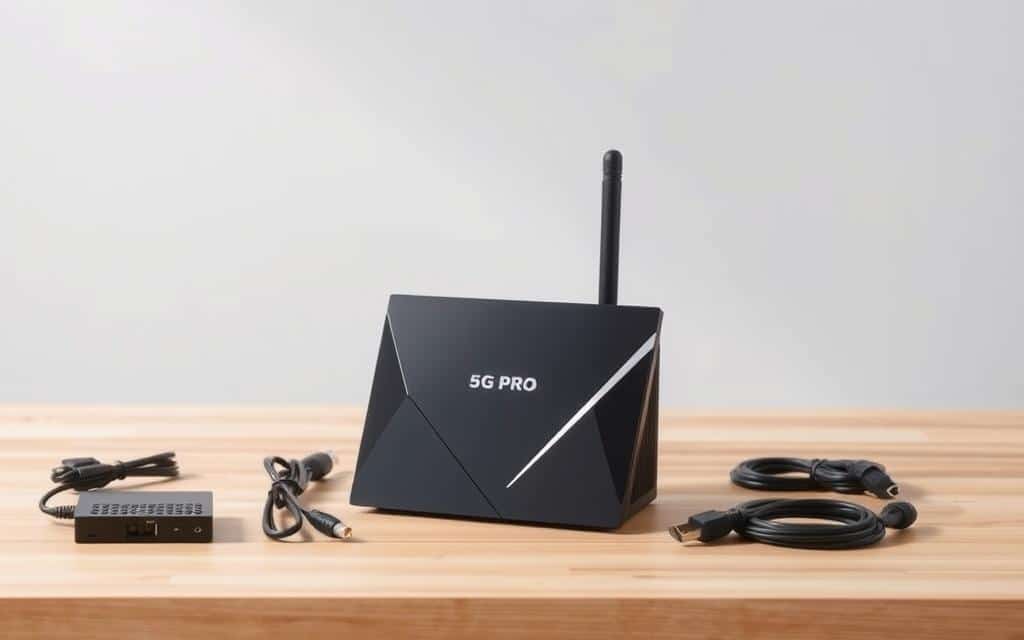 A sleek and modern 5G Pro IPTV Android Box standing prominently on a minimalist wooden surface. The device has a matte black finish with subtle silver accents, showcasing its premium build quality. Neatly arranged around the box are the necessary cables and accessories, creating a clean and organized display. The lighting is soft and diffused, highlighting the box's angular design and sharp lines. The background is a simple, neutral color that allows the IPTV box to take center stage, emphasizing its status as the focal point of the image.