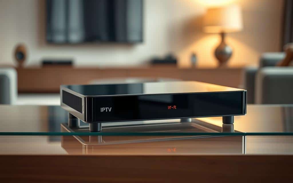 A sleek and modern IPTV set-top box resting on a minimalist glass or wooden surface, its clean lines and glossy exterior reflecting the ambient light. The box is showcased against a backdrop of a tastefully designed living room or media center, with muted colors and warm lighting setting a sophisticated atmosphere. The overall composition emphasizes the simplicity and elegance of the IPTV technology, hinting at its seamless integration into a contemporary Dubai home.