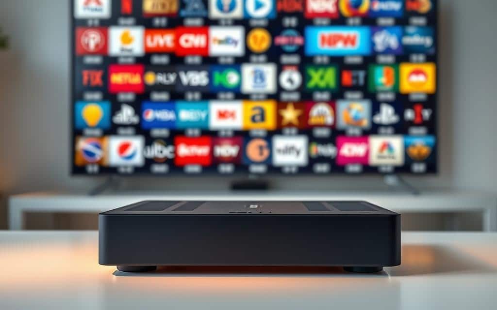 A sleek, modern IPTV box sits prominently on a minimalist white table, casting a warm, ambient glow. In the background, a vibrant grid of IPTV channel logos and icons dance across a large, high-definition display, conveying the wealth of entertainment options available. The scene is bathed in soft, directional lighting, highlighting the box's clean lines and premium materials. The overall atmosphere is one of technological sophistication and media-rich immersion, perfectly encapsulating the capabilities of IPTV in the heart of Dubai.