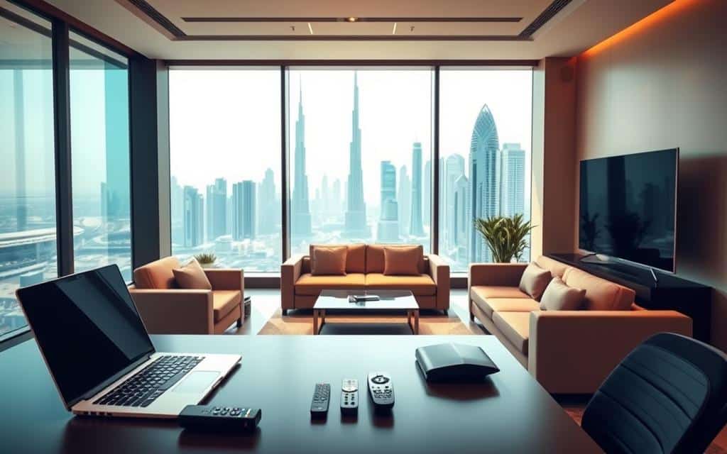 A sleek, modern office interior with a large window overlooking the iconic Dubai skyline. In the foreground, a desk with a laptop, tablet, and various remote controls, hinting at the advanced IPTV technology. The middle ground features a comfortable couch and chairs, creating a relaxed atmosphere for IPTV service discussions. The background showcases the stunning Dubai cityscape, including the Burj Khalifa and other skyscrapers, capturing the essence of the UAE's thriving technology hub. Warm, natural lighting floods the scene, adding a sense of professionalism and expertise. The overall mood conveys the reliability and sophistication of the top IPTV providers in Dubai.